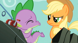 Size: 1054x592 | Tagged: safe, screencap, applejack, spike, dragon, earth pony, pony, a dog and pony show, female, mare