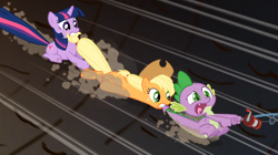 Size: 1054x592 | Tagged: safe, screencap, applejack, spike, twilight sparkle, dragon, earth pony, pony, a dog and pony show