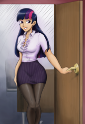 Size: 2407x3524 | Tagged: safe, artist:king-kakapo, artist:kinkypinkie, twilight sparkle, human, breasts, clothes, colored, door, female, headlight sparkle, humanized, office, pantyhose, secretary, skirt, solo, wide hips