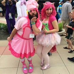 Size: 640x640 | Tagged: safe, artist:nebularumour, pinkie pie, human, 2014, apron, beard, bronycon, clothes, convention, cosplay, irl, irl human, photo