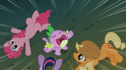 Size: 1054x592 | Tagged: safe, screencap, applejack, pinkie pie, spike, twilight sparkle, dragon, earth pony, pony, a dog and pony show, animation error, yelling