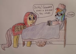 Size: 1238x875 | Tagged: safe, artist:rapidsnap, derpibooru import, fluttershy, rainbow dash, pegasus, pony, bed, little red riding hood, traditional art, unamused