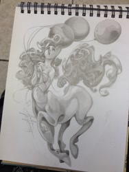 Size: 960x1280 | Tagged: safe, artist:fleebites, pinkie pie, centaur, balloon, centaurified, eyes closed, grayscale, irl, monochrome, photo, sketchbook, solo, topless, traditional art