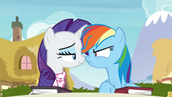 Size: 1920x1080 | Tagged: safe, derpibooru import, screencap, rainbow dash, rarity, pegasus, pony, unicorn, the end in friend, angry, bickering, book, boop, eye contact, female, frown, lidded eyes, looking at each other, mare, narrowed eyes, neckerchief, nose to nose, nose wrinkle, noseboop, out of context, patronizing, ponyville, shipping fuel, smug, smugity