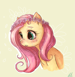 Size: 865x887 | Tagged: safe, artist:c-puff, fluttershy, pegasus, pony, crying, floral head wreath, solo