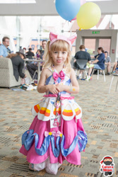 Size: 683x1024 | Tagged: safe, artist:jimthecactus, pinkie pie, human, 2014, balloon, bronycon, clothes, convention, cosplay, costume, cute, dress, gala dress, irl, irl human, photo, solo, target demographic