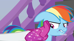 Size: 1920x1080 | Tagged: safe, derpibooru import, screencap, rainbow dash, rarity, pegasus, pony, unicorn, the end in friend, boot, discovery family logo, disgusted, female, floppy ears, glitter, lip bite, mare, narrowed eyes