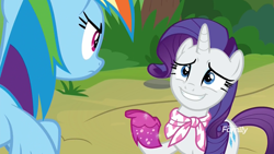 Size: 1920x1080 | Tagged: safe, derpibooru import, screencap, rainbow dash, rarity, pegasus, pony, unicorn, the end in friend, angry, boot, boots, discovery family logo, embarrassed, eye contact, female, glitter boots, looking at each other, mare, neckerchief, shoes, smiling