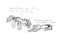 Size: 1280x689 | Tagged: safe, artist:unity, princess celestia, princess luna, alicorn, pony, horses doing horse things, lying down, monochrome, on side, sideways, silly, silly pony, sketch