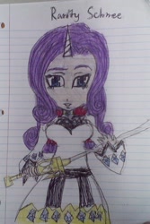 Size: 1283x1920 | Tagged: safe, artist:rwbyrebirthfantasy, rarity, hybrid, equestria girls, breasts, crossover, female, fusion, horned humanization, humanized, lined paper, rapier, raritits, rooster teeth, rwby, solo, traditional art, weapon, weiss schnee