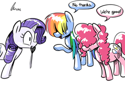 Size: 1280x880 | Tagged: safe, artist:rwl, derpibooru import, pinkie pie, rainbow dash, rarity, earth pony, pegasus, pony, unicorn, dialogue, long mane, silly