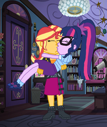 Size: 3024x3564 | Tagged: safe, artist:bigpurplemuppet99, sci-twi, sunset shimmer, twilight sparkle, better together, equestria girls, bridal carry, carrying, female, kissing, lesbian, sci-twi's room, scitwishimmer, shipping, sunsetsparkle