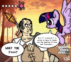 Size: 700x617 | Tagged: safe, artist:neoncabaret, derpibooru import, twilight sparkle, twilight sparkle (alicorn), alicorn, human, pony, crossover, female, grand theft auto, gta v, mare, rpg (weapon), this will end in pain and property damage, this will end in tears, trevor philips, video game