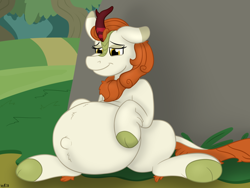 Size: 1280x960 | Tagged: safe, artist:theimmortalwolf, autumn blaze, kirin, sounds of silence, belly, big belly, female, floppy ears, outie belly button, pregnant, smiling