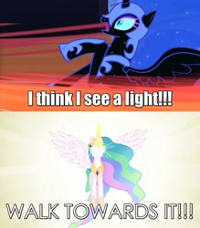 Size: 1032x1178 | Tagged: safe, edit, nightmare moon, princess celestia, alicorn, pony, android 16, attack, cell, cell (dbz), dragonball z abridged, image macro, imminent death, magic, meme, quote, team four star