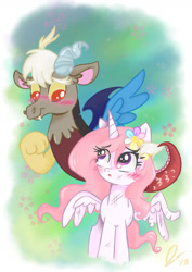 Size: 1024x1448 | Tagged: safe, artist:dreamscapevalley, discord, princess celestia, alicorn, pony, :o, blushing, broken wing, bruised, cewestia, crying, dislestia, fangs, female, filly, flower, flower in hair, injured, looking at each other, male, shipping, smiling, spread wings, straight, younger