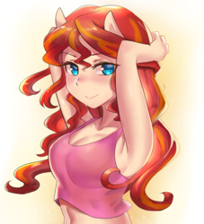 Size: 800x880 | Tagged: safe, artist:tzc, sunset shimmer, equestria girls, arm behind head, armpits, breasts, cleavage, clothes, cute, female, happy, looking at you, ponied up, smiling, solo, sunset jiggler, tanktop