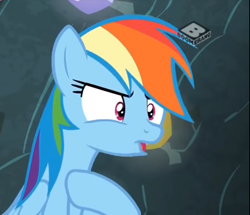 Size: 694x597 | Tagged: safe, derpibooru import, screencap, rainbow dash, pegasus, pony, the end in friend, angry, boomerang (tv channel), cropped, female, hoof on chest, mare, solo
