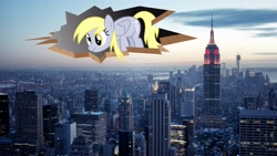 Size: 3840x2160 | Tagged: safe, artist:drakizora, edit, editor:mrdoctorderpy, derpy hooves, pegasus, pony, ceiling pony, female, high res, irl, mare, new york city, nose wrinkle, photo, ponies in real life, scrunchy face, simple background, solo