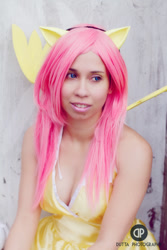 Size: 567x850 | Tagged: safe, artist:onedeviouskitty, fluttershy, human, cleavage, cosplay, female, irl, irl human, photo, solo