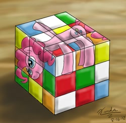 Size: 949x926 | Tagged: safe, artist:xanderreh, pinkie pie, earth pony, pony, rubik's cube, solo, surreal