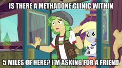 Size: 978x550 | Tagged: safe, edit, edited screencap, screencap, derpy hooves, sandalwood, equestria girls, legend of everfree, background human, drugs, eco kid insults, image macro, meme