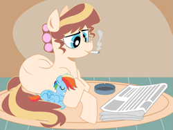 Size: 1111x837 | Tagged: safe, artist:dbkit, derpibooru import, rainbow dash, oc, oc:air heart, pegasus, pony, ashtray, blank flank, cigarette, filly, filly rainbow dash, foal, lying down, mother, newspaper, prone, rug, second hand smoke, sleeping, smoking