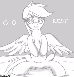 Size: 3394x3496 | Tagged: safe, artist:nadvgia, derpibooru import, rainbow dash, pegasus, pony, floppy ears, go to bed, monochrome, solo