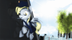 Size: 3840x2159 | Tagged: safe, artist:selestlight, derpy hooves, pegasus, pony, 3d, city, female, flying, hat, mailbag, mailmare, mare, solo, source filmmaker, tree