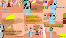 Size: 3648x2112 | Tagged: safe, artist:mellowbomb, derpibooru import, applejack, pinkie pie, rainbow dash, oc, oc:closingrain, oc:doctor dexter wise, earth pony, pegasus, pony, comic:calamity fateful, 1000 hours in ms paint, dialogue