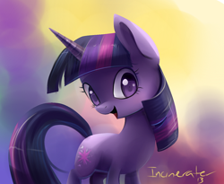 Size: 600x493 | Tagged: safe, artist:incinerater, derpibooru import, twilight sparkle, pony, unicorn, female, mare, multicolored mane, purple coat, solo