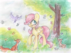 Size: 3342x2476 | Tagged: safe, artist:catseye-view, fluttershy, bird, butterfly, mouse, pegasus, pony, rabbit, squirrel, animal, filly fluttershy, hair over one eye, solo, traditional art, younger