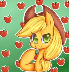 Size: 876x912 | Tagged: safe, artist:hearlesssoul, applejack, earth pony, pony, bust, colored pupils, raised hoof, solo