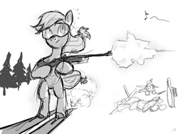 Size: 720x540 | Tagged: safe, artist:bipole, applejack, earth pony, pony, biathlon, bipedal, gun, monochrome, rifle, shooting