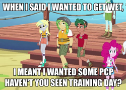 Size: 702x500 | Tagged: safe, edit, edited screencap, screencap, derpy hooves, pinkie pie, sandalwood, timber spruce, equestria girls, legend of everfree, background human, drugs, eco kid insults, image macro, meme