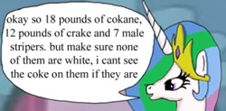 Size: 310x152 | Tagged: safe, princess celestia, alicorn, pony, cocaine, comic, crack, dialogue, dragondicks, drugs, grammar error, misspelling, solo, speech bubble, stripper, wat