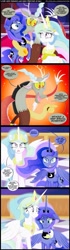 Size: 900x3225 | Tagged: safe, artist:coltsteelstallion, discord, princess celestia, princess luna, alicorn, pony, make new friends but keep discord, comic, crying, dragon ball, dragon ball z, woobie