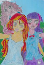 Size: 608x886 | Tagged: safe, artist:marcyeveret, pinkie pie, sunset shimmer, twilight sparkle, equestria girls, female, happy, lesbian, one eye closed, pinkie the shipper, selfie, shipper on deck, shipping, sunsetsparkle, traditional art, wink