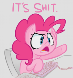 Size: 328x350 | Tagged: safe, artist:adequality, artist:shoutingisfun, pinkie pie, earth pony, pony, colored, computer, cute, female, frown, insult, it's shit, mare, open mouth, pointing, raised eyebrow, reaction image, solo, vulgar