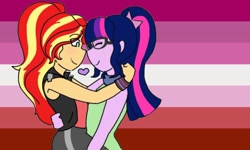 Size: 1242x746 | Tagged: safe, artist:horsegirlpodcast, sci-twi, sunset shimmer, twilight sparkle, human, equestria girls, female, lesbian, lesbian pride flag, pride, pride flag, scitwishimmer, shipping, sunsetsparkle