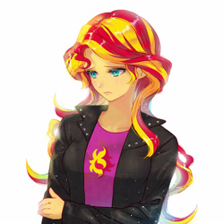 Size: 4000x4000 | Tagged: safe, artist:honnim, sunset shimmer, equestria girls, clothes, crying, jacket, looking down, sad, simple background, solo, sunsad shimmer, white background