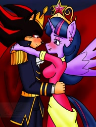 Size: 780x1024 | Tagged: safe, artist:sonigoku, derpibooru import, twilight sparkle, twilight sparkle (alicorn), alicorn, anthro, big crown thingy, blushing, clothes, coronation dress, crossover, crossover shipping, dress, female, interspecies, male, shadow the hedgehog, shadtwi, shipping, sonic the hedgehog (series), straight, tiara