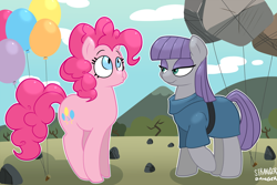 Size: 1920x1280 | Tagged: safe, artist:strangerdanger, maud pie, pinkie pie, earth pony, pony, balloon, bedroom eyes, clothes, dress, duckface, female, how, mare, pie sisters, rock, rock farm, siblings, sisters