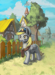 Size: 726x1000 | Tagged: safe, artist:lexx2dot0, derpy hooves, pegasus, pony, female, fence, house, mailbox, mailmare, mare, ponyville, scenery, smiling, solo, tree, weather vane