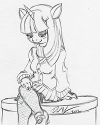 Size: 800x998 | Tagged: safe, artist:cskairi, derpibooru import, twilight sparkle, anthro, clothes, sketch, solo, stockings, traditional art