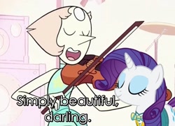 Size: 680x493 | Tagged: safe, edit, rarity, pony, unicorn, crack shipping, crossover, crossover shipping, diamond and pearl, image macro, meme, music, pearl (steven universe), photoshop, ponytones, shipping, smiling, steven universe, violin
