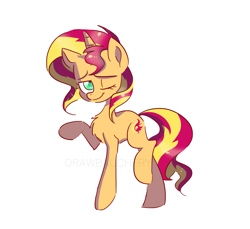 Size: 3257x2978 | Tagged: safe, artist:drawbauchery, sunset shimmer, pony, unicorn, female, mare, one eye closed, smiling, solo