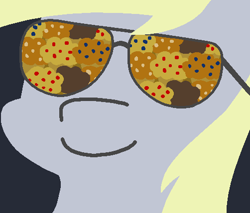 Size: 502x428 | Tagged: safe, artist:threetwotwo32232, derpy hooves, pegasus, pony, female, food, glasses, mare, muffin, reflection, solo, that pony sure does love muffins