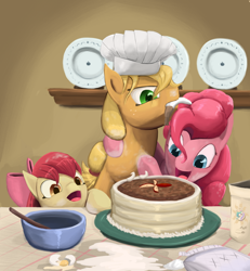 Size: 1090x1180 | Tagged: safe, artist:bakuel, apple bloom, applejack, pinkie pie, earth pony, pony, baking, cake, chef's hat, hat