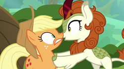 Size: 1280x720 | Tagged: safe, derpibooru import, screencap, applejack, autumn blaze, earth pony, kirin, pony, sounds of silence, boop, female, mare, noseboop